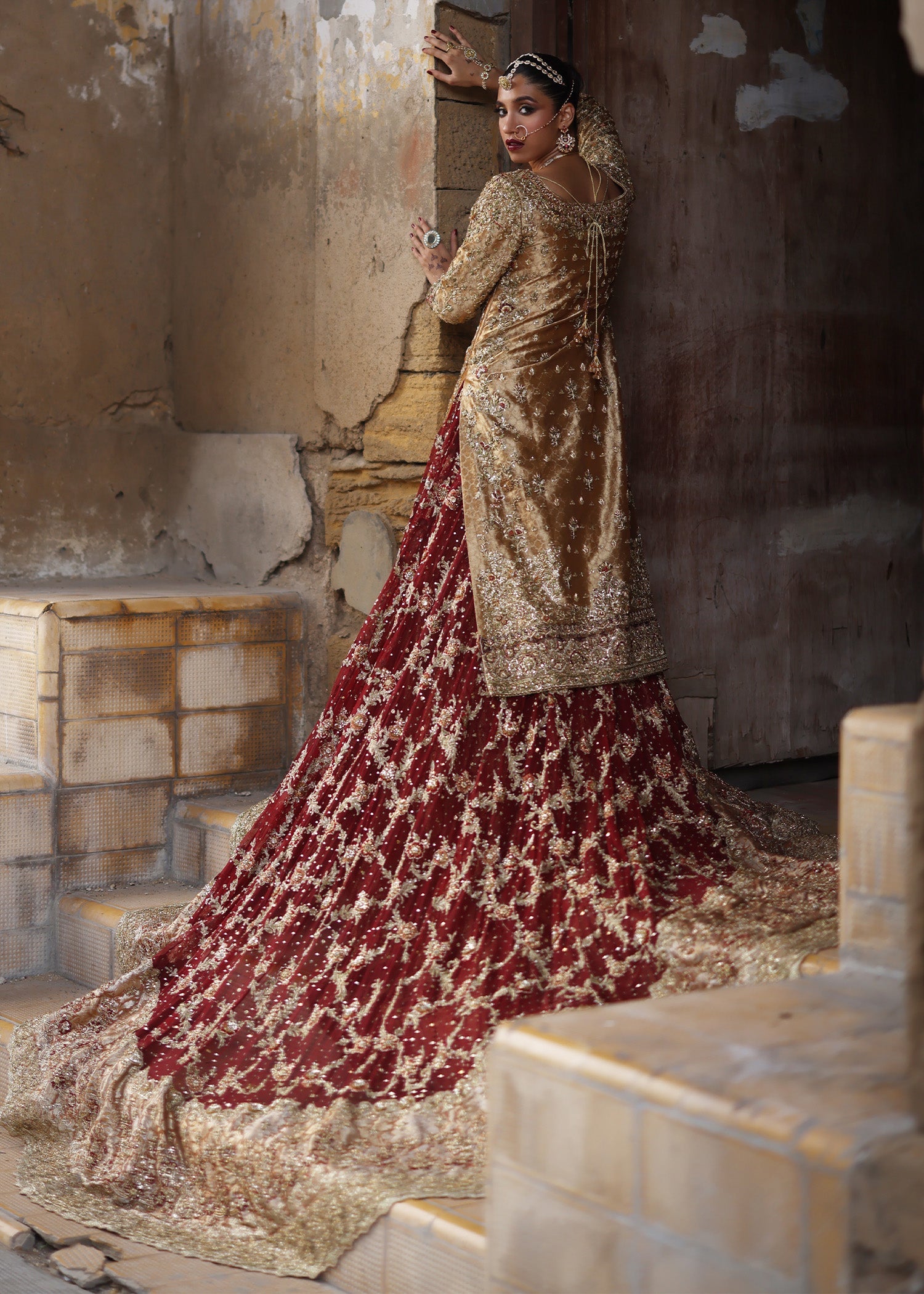 Honey Gold Zardozi French Lame Bridal Lehenga (3-Piece) - Image 6