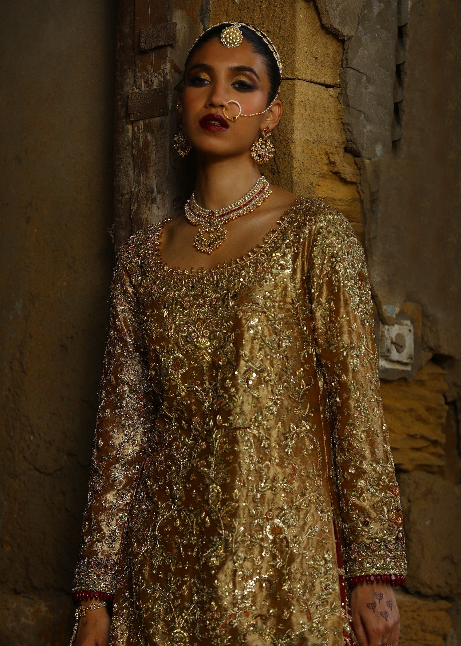 Honey Gold Zardozi French Lame Bridal Lehenga (3-Piece) - Image 8