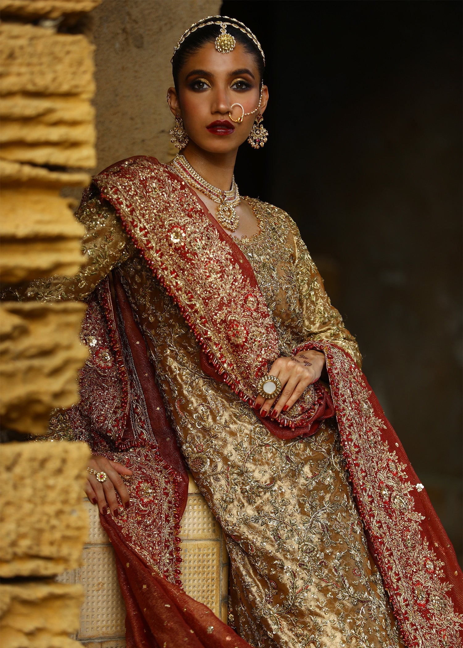 Honey Gold Zardozi French Lame Bridal Lehenga (3-Piece) - Image 9