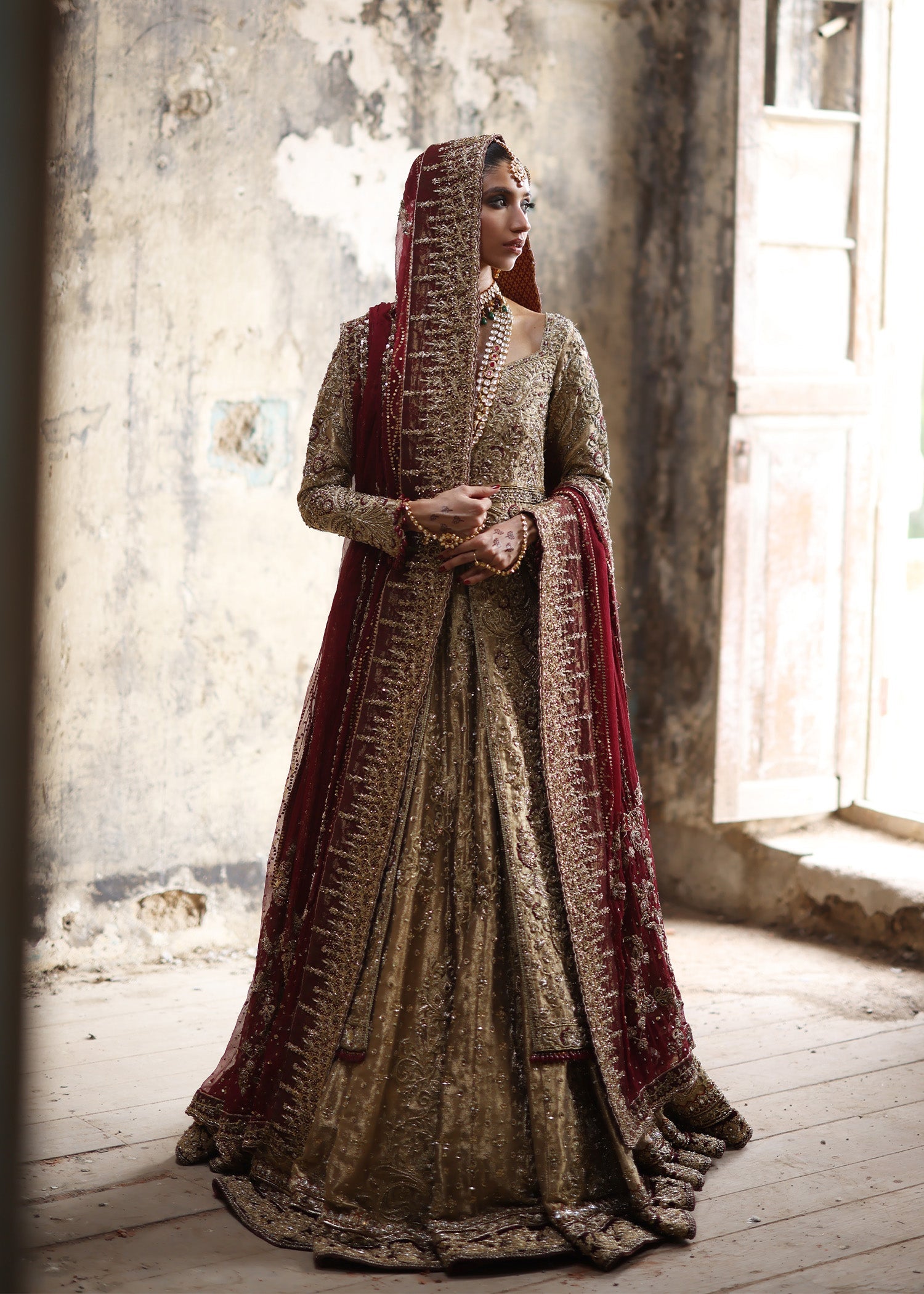 Honey Gold Embroidered French Lame Bridal Jacket Lehenga (3-Piece) - Image 1