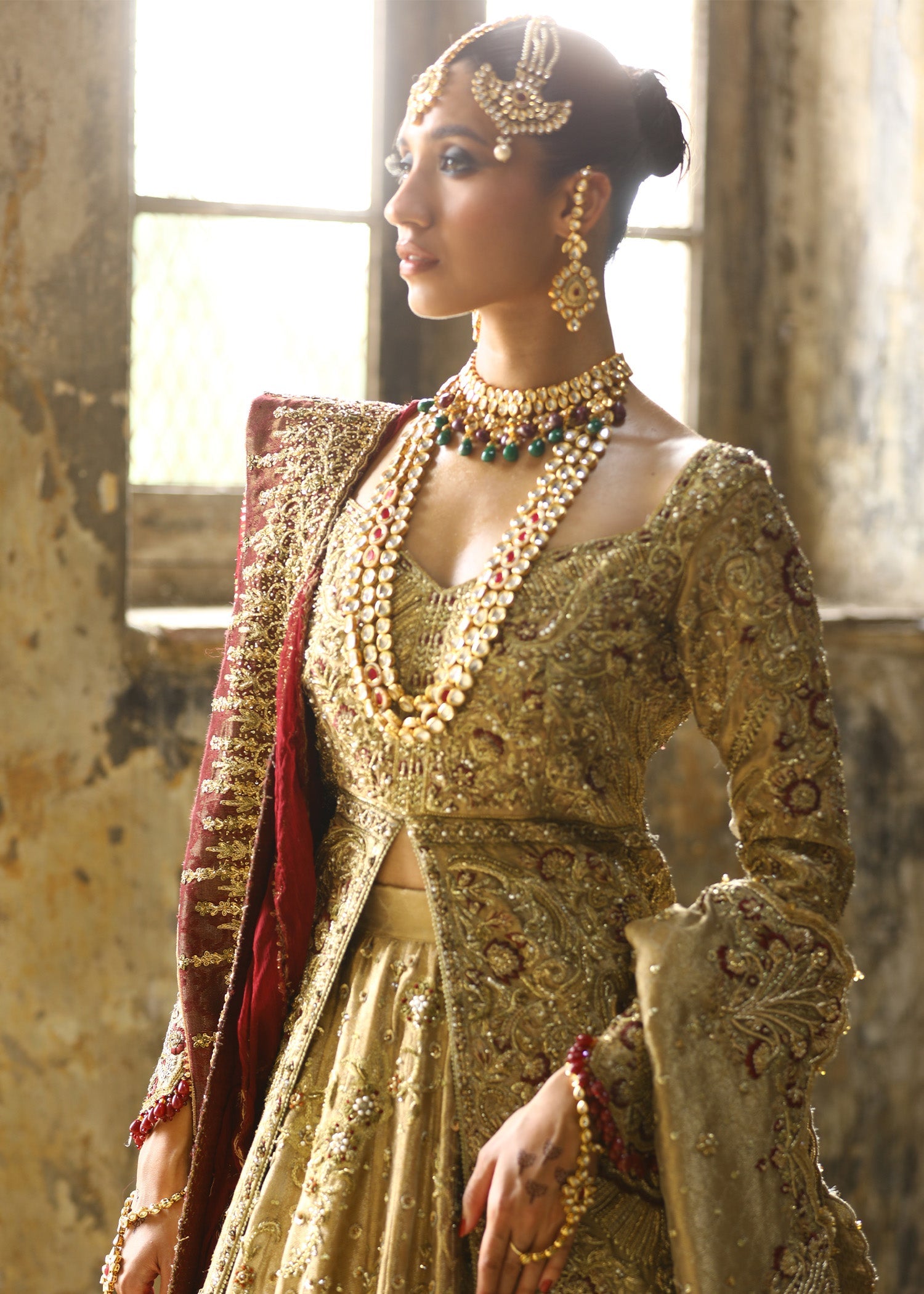 Honey Gold Embroidered French Lame Bridal Jacket Lehenga (3-Piece) - Image 10