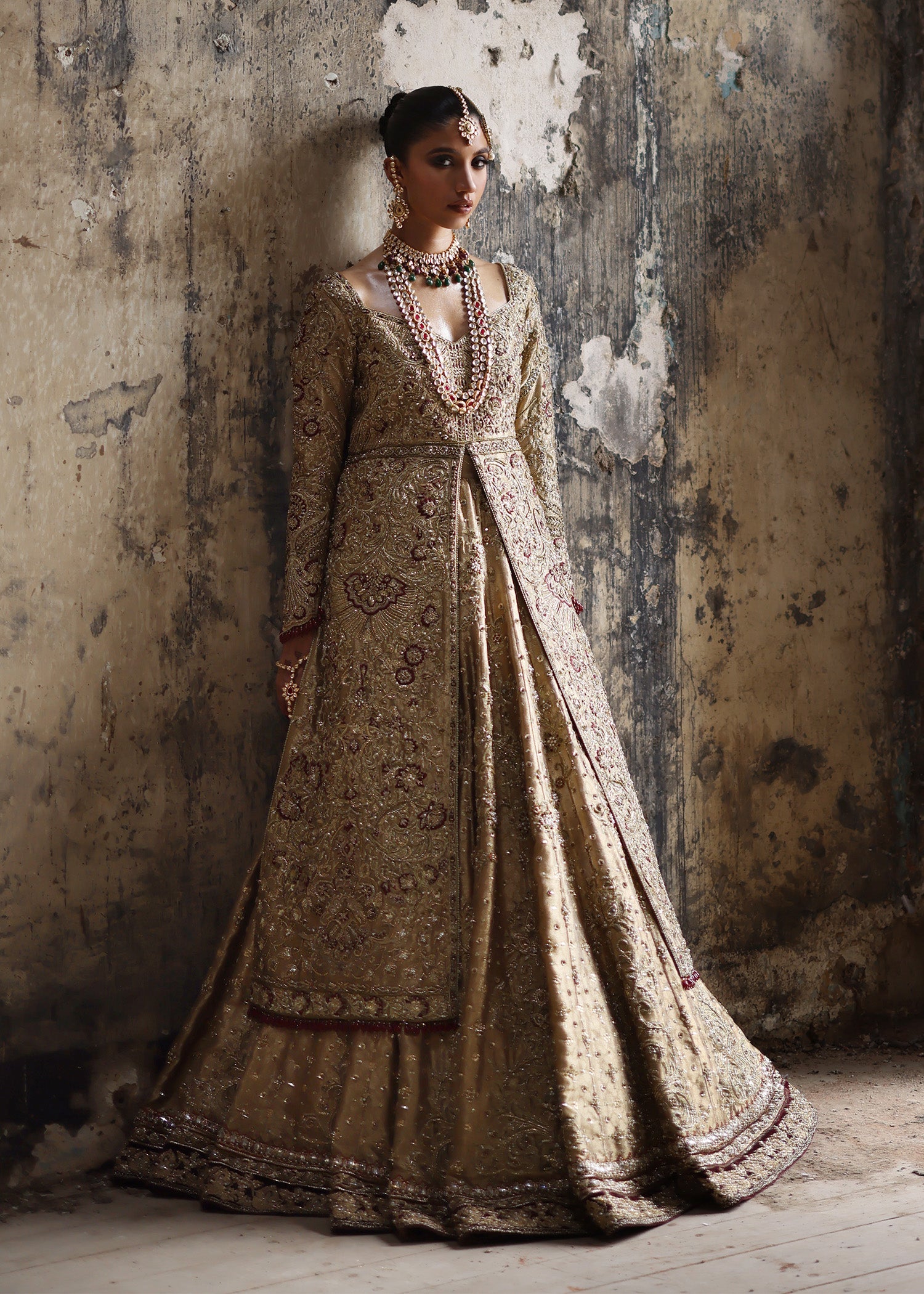 Honey Gold Embroidered French Lame Bridal Jacket Lehenga (3-Piece) - Image 11