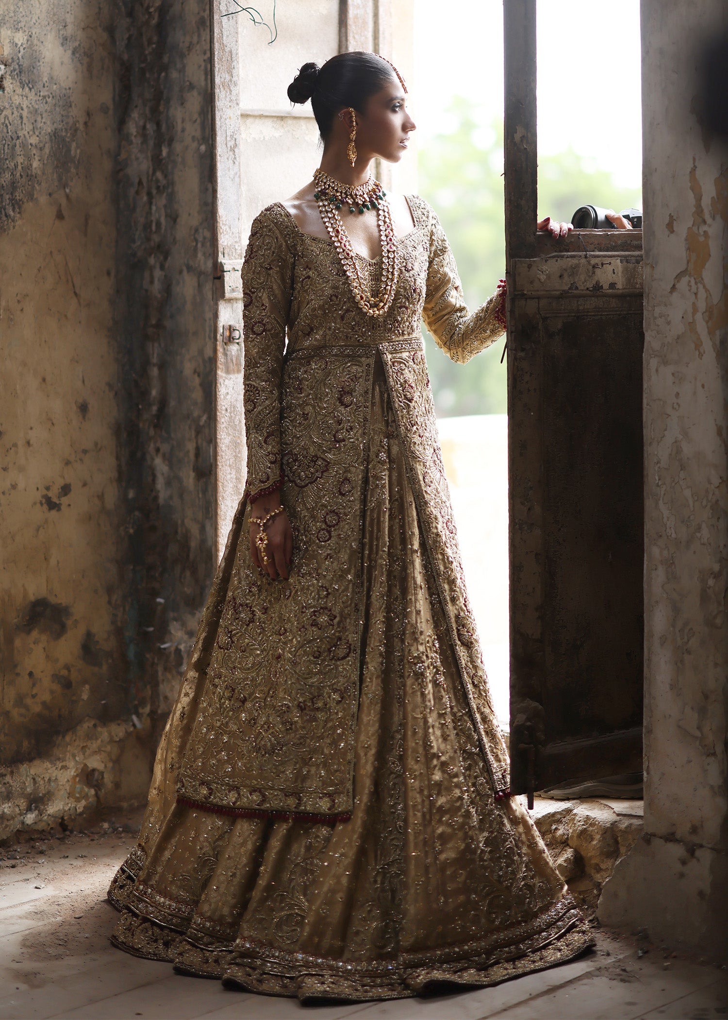 Honey Gold Embroidered French Lame Bridal Jacket Lehenga (3-Piece) - Image 12