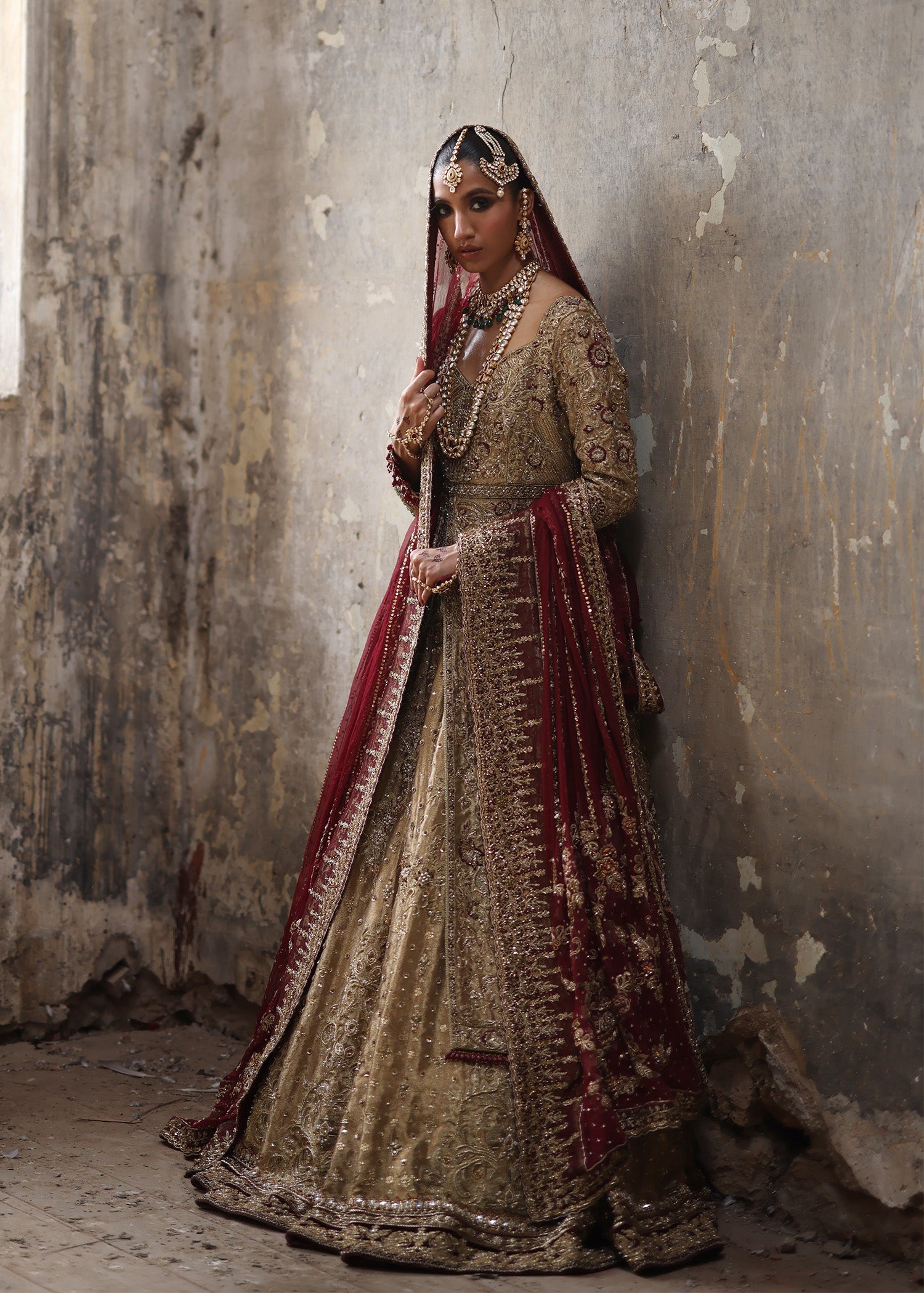 Honey Gold Embroidered French Lame Bridal Jacket Lehenga (3-Piece) - Image 3