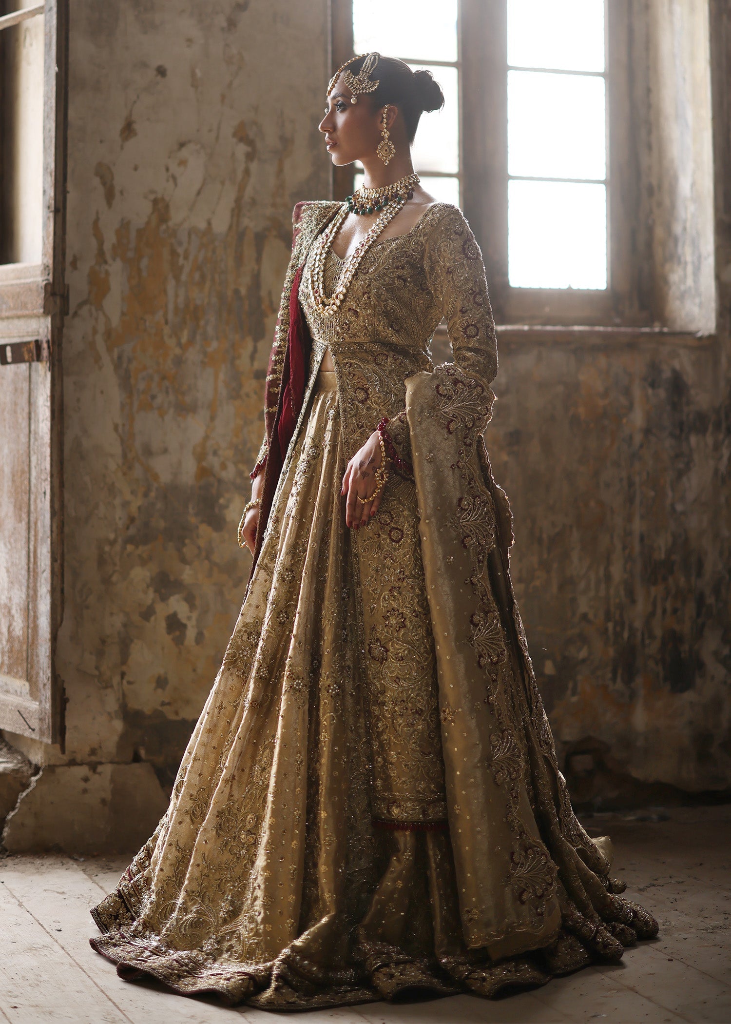Honey Gold Embroidered French Lame Bridal Jacket Lehenga (3-Piece) - Image 5