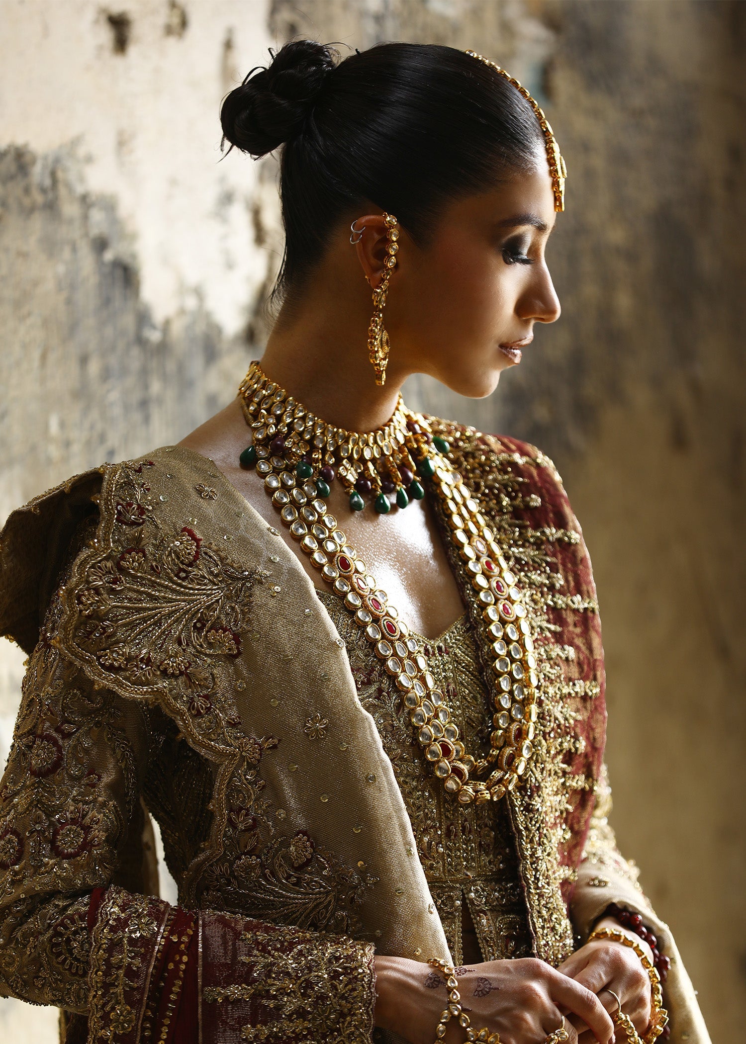 Honey Gold Embroidered French Lame Bridal Jacket Lehenga (3-Piece) - Image 6