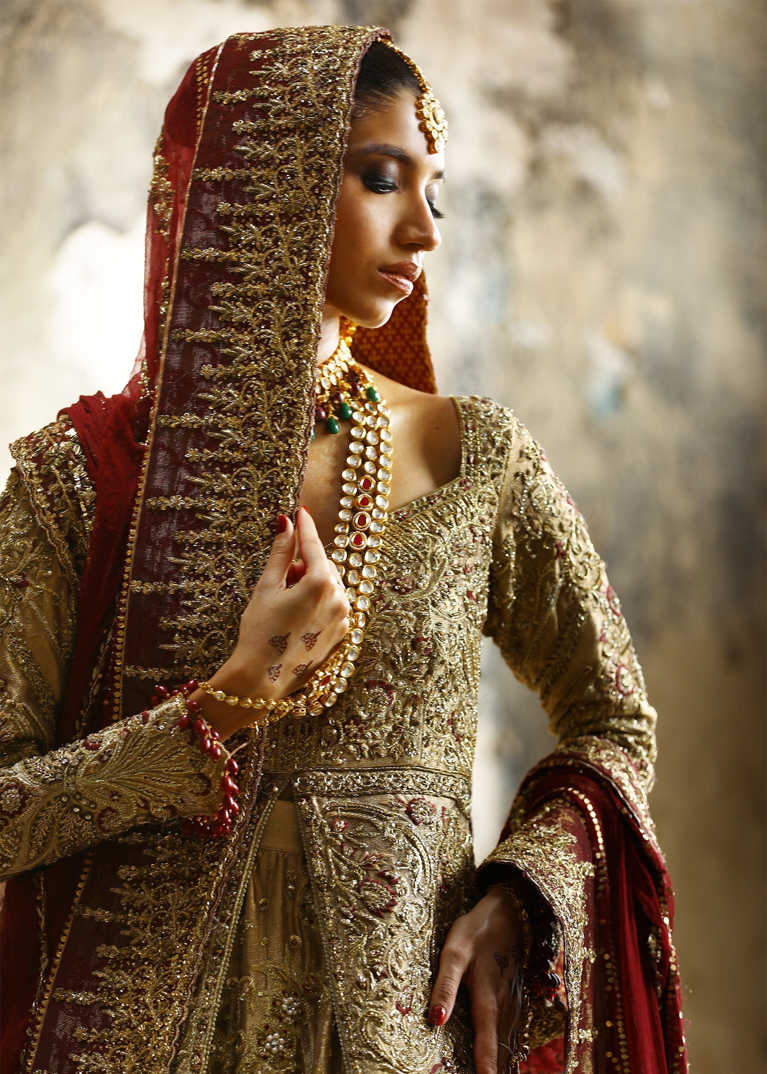 Honey Gold Embroidered French Lame Bridal Jacket Lehenga (3-Piece) - Image 8