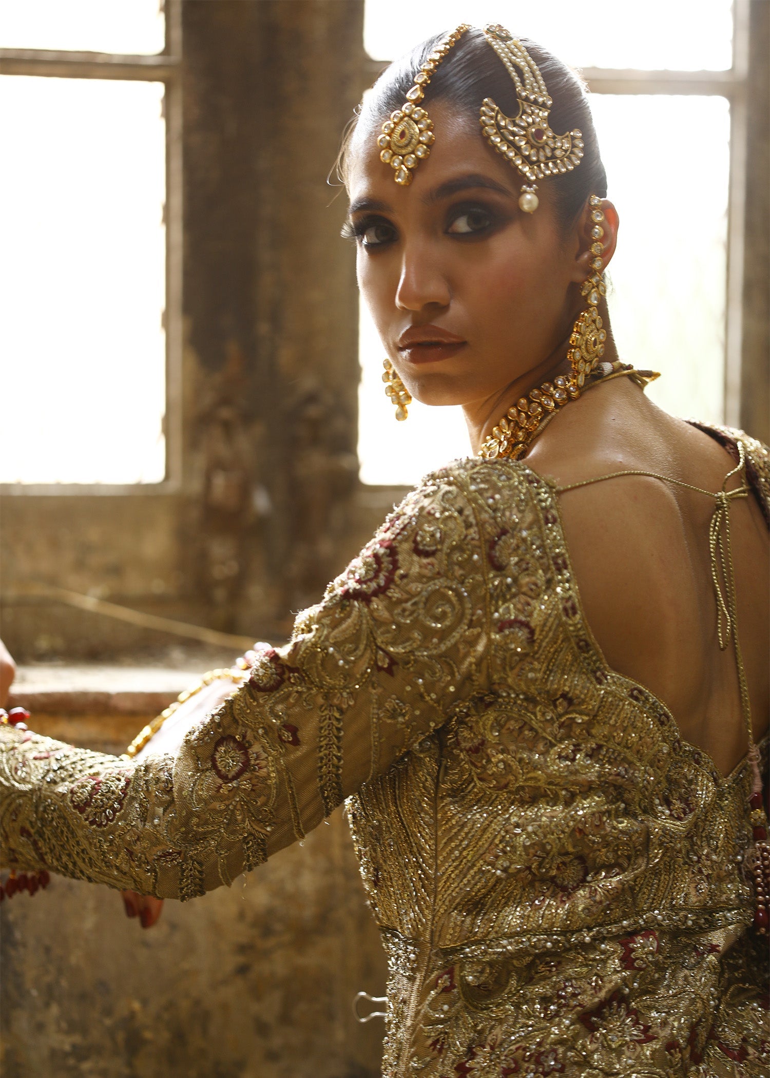 Honey Gold Embroidered French Lame Bridal Jacket Lehenga (3-Piece) - Image 9