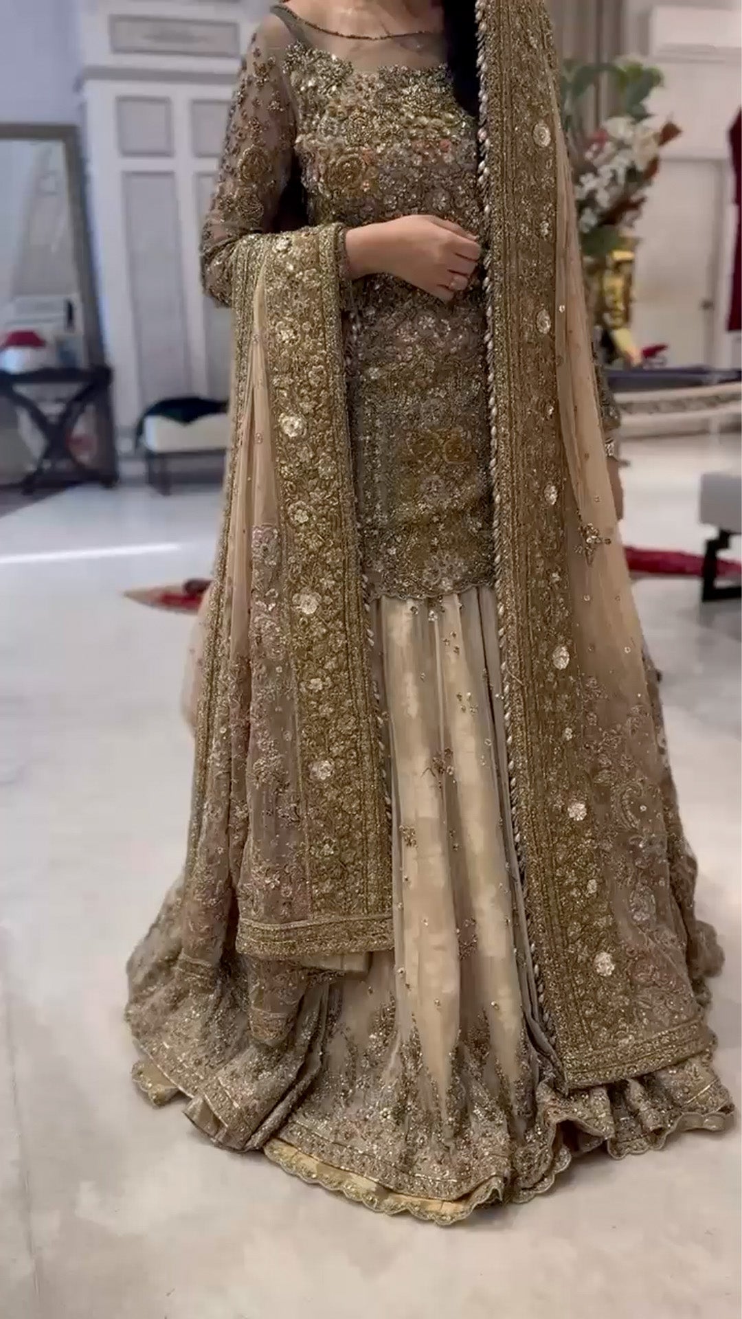 Champagne Gold Embroidered French Net & Chiffon Lehenga (3-Piece) - Image 1
