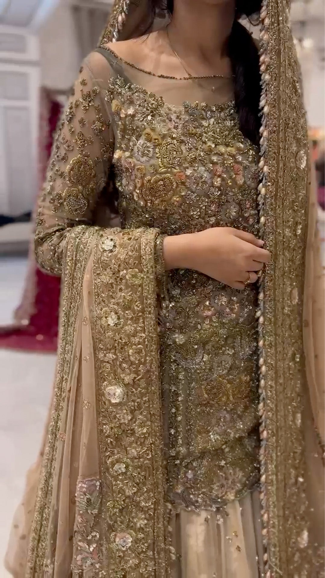 Champagne Gold Embroidered French Net & Chiffon Lehenga (3-Piece) - Image 2