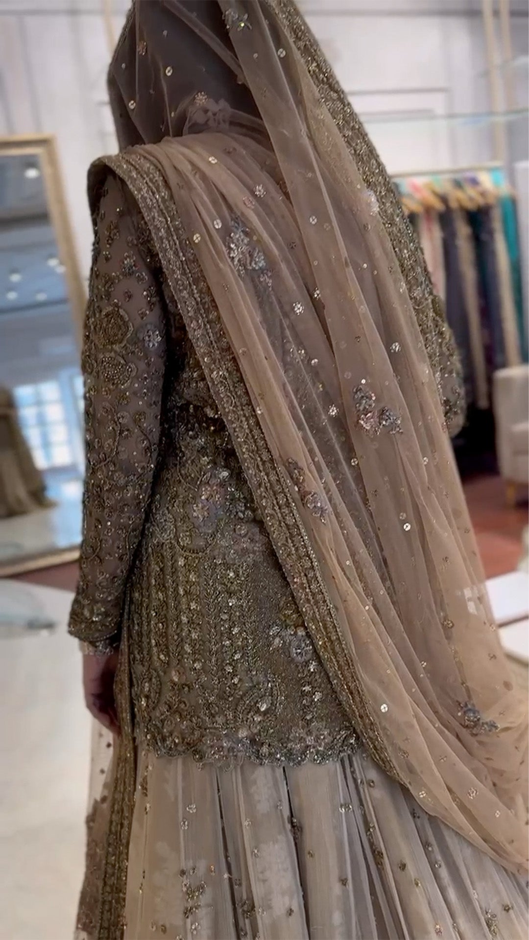 Champagne Gold Embroidered French Net & Chiffon Lehenga (3-Piece) - Image 3