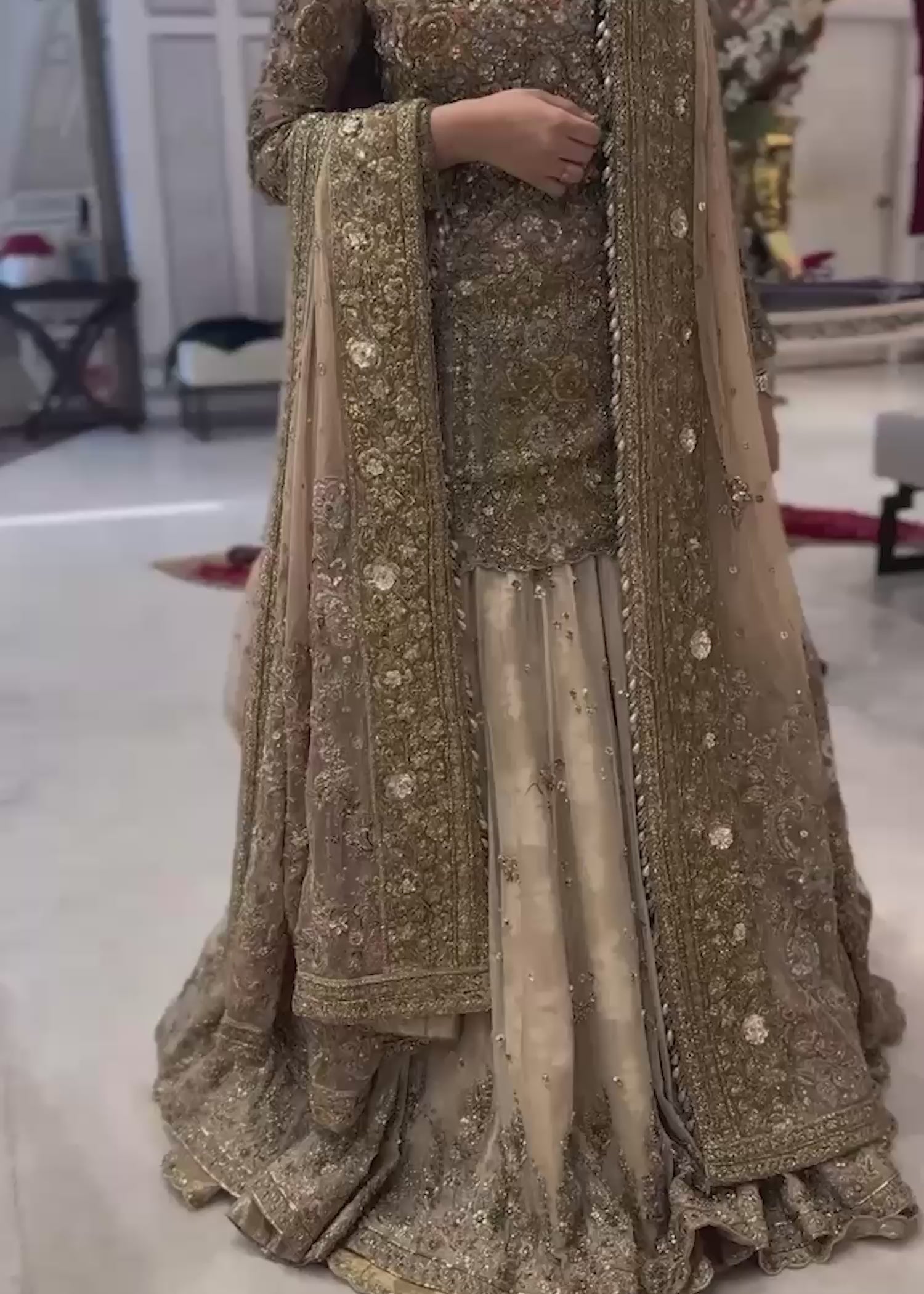 Champagne Gold Embroidered French Net & Chiffon Lehenga (3-Piece) - Image 4