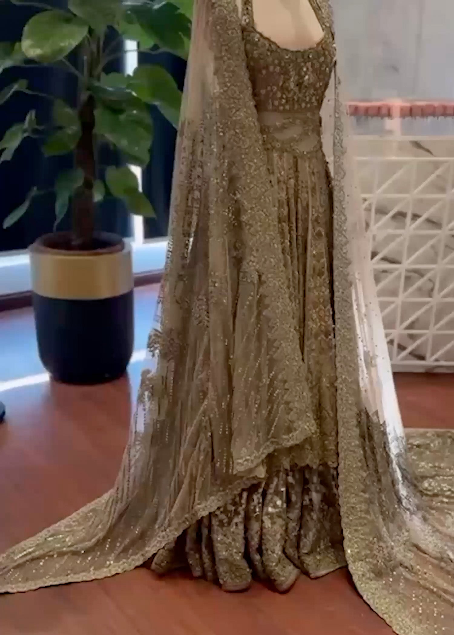 Antique Gold Embroidered French Net Gown & Lehenga (3-Piece) - Image 1