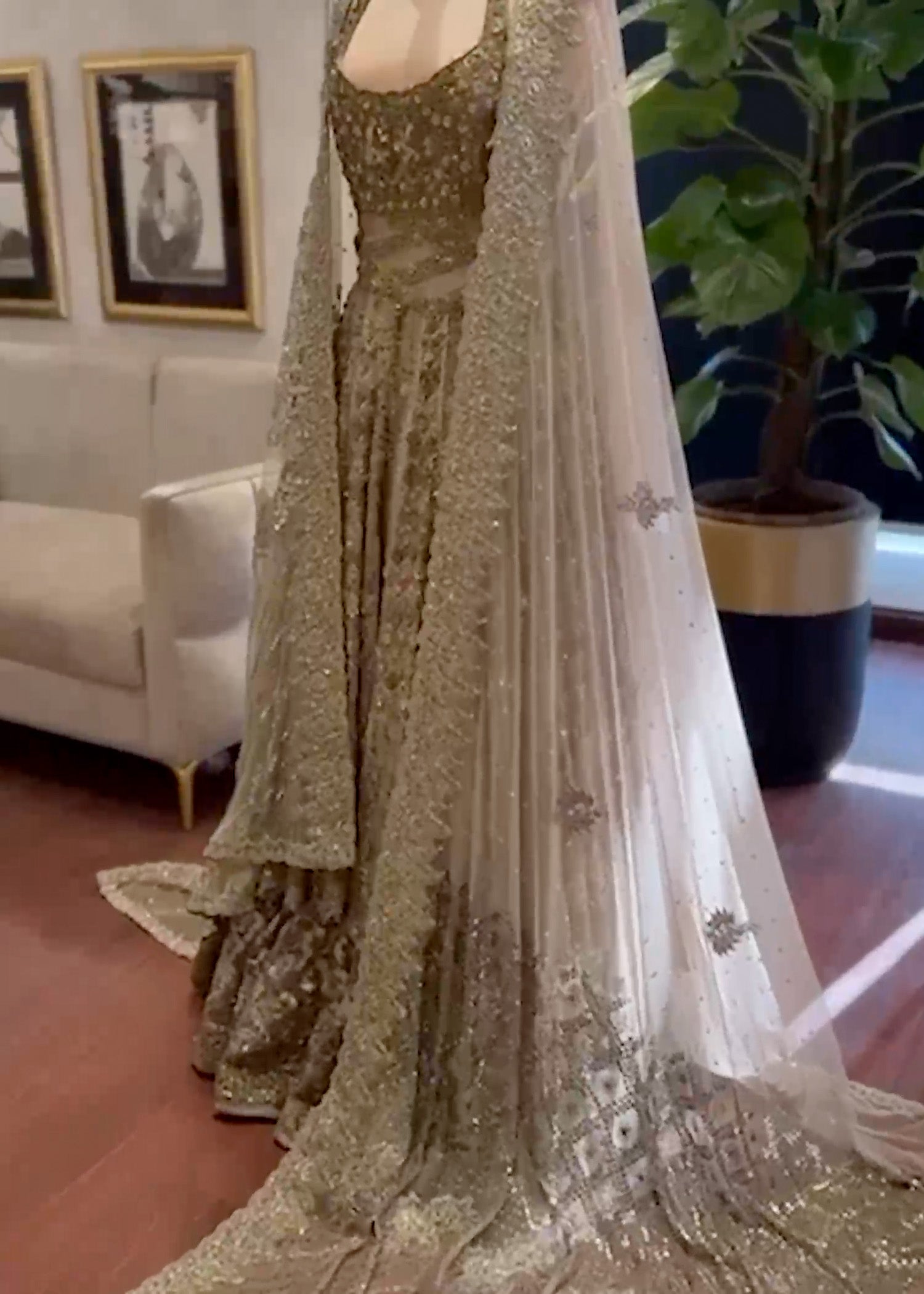 Antique Gold Embroidered French Net Gown & Lehenga (3-Piece) - Image 2