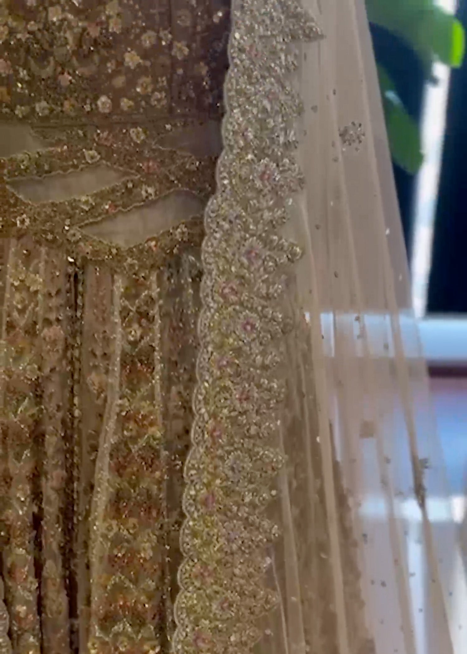 Antique Gold Embroidered French Net Gown & Lehenga (3-Piece) - Image 3