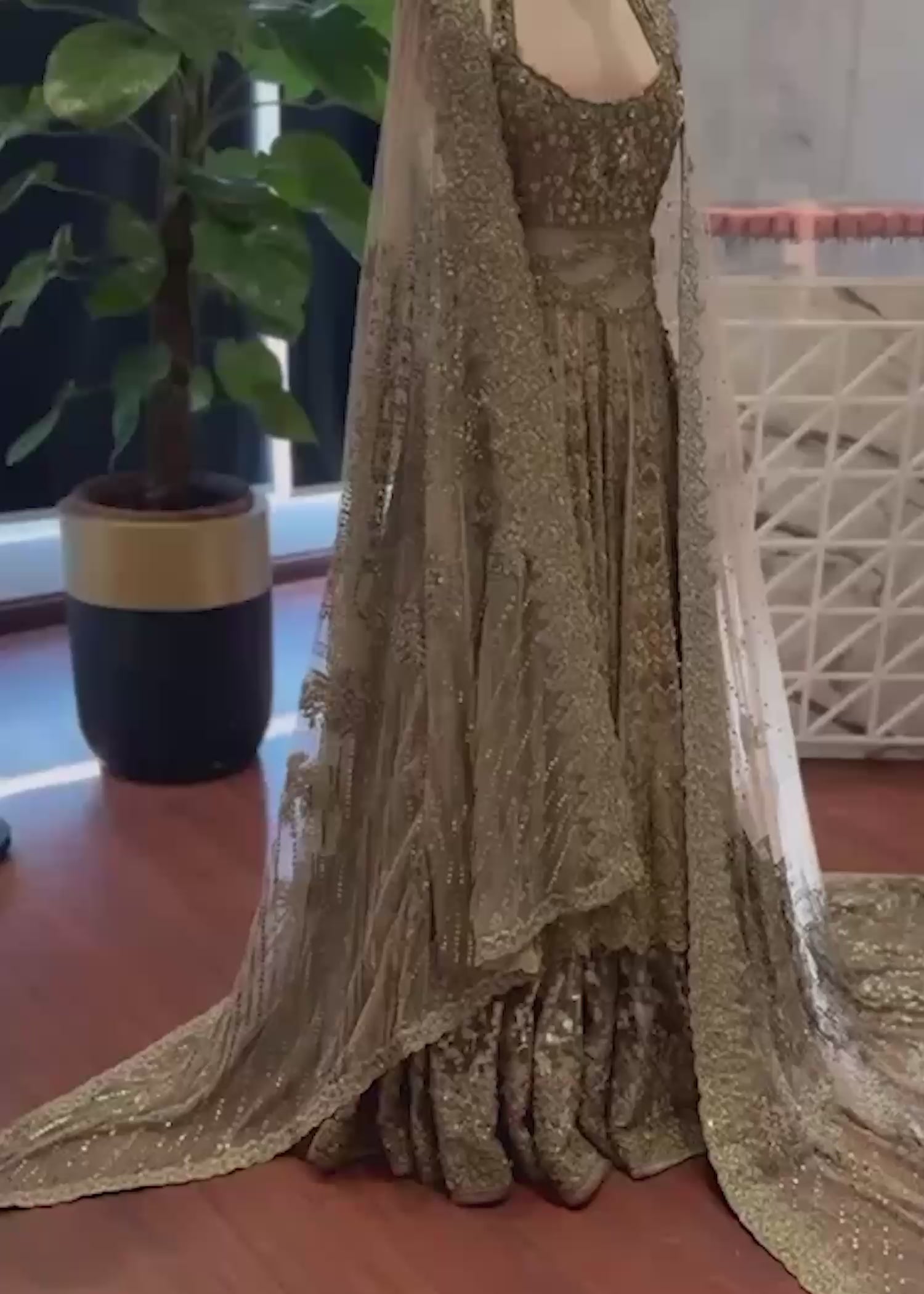 Antique Gold Embroidered French Net Gown & Lehenga (3-Piece) - Image 4