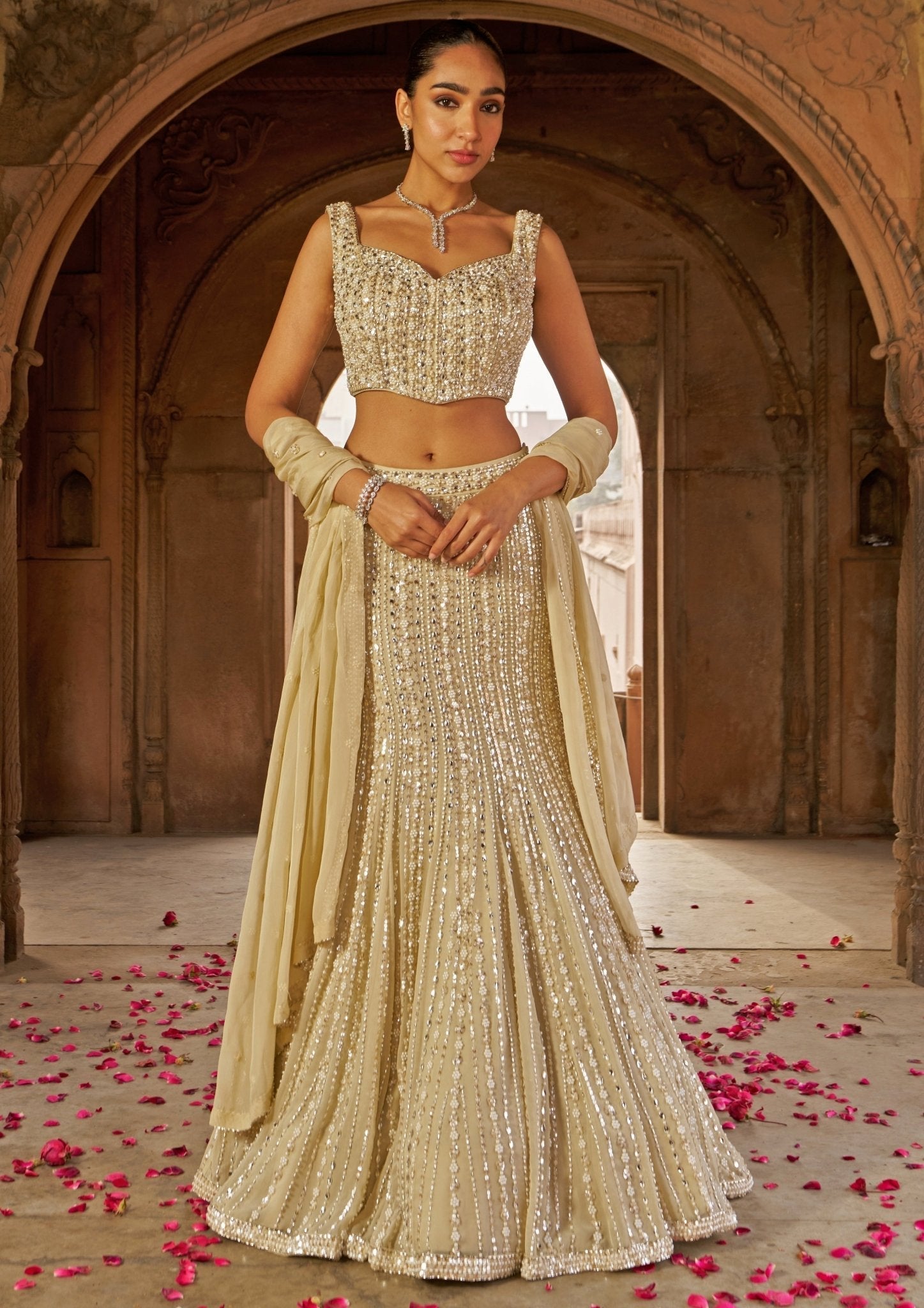 Pakistani Gold Sequin Embroidered Georgette Mermaid Lehenga (3-Piece) - Image 1