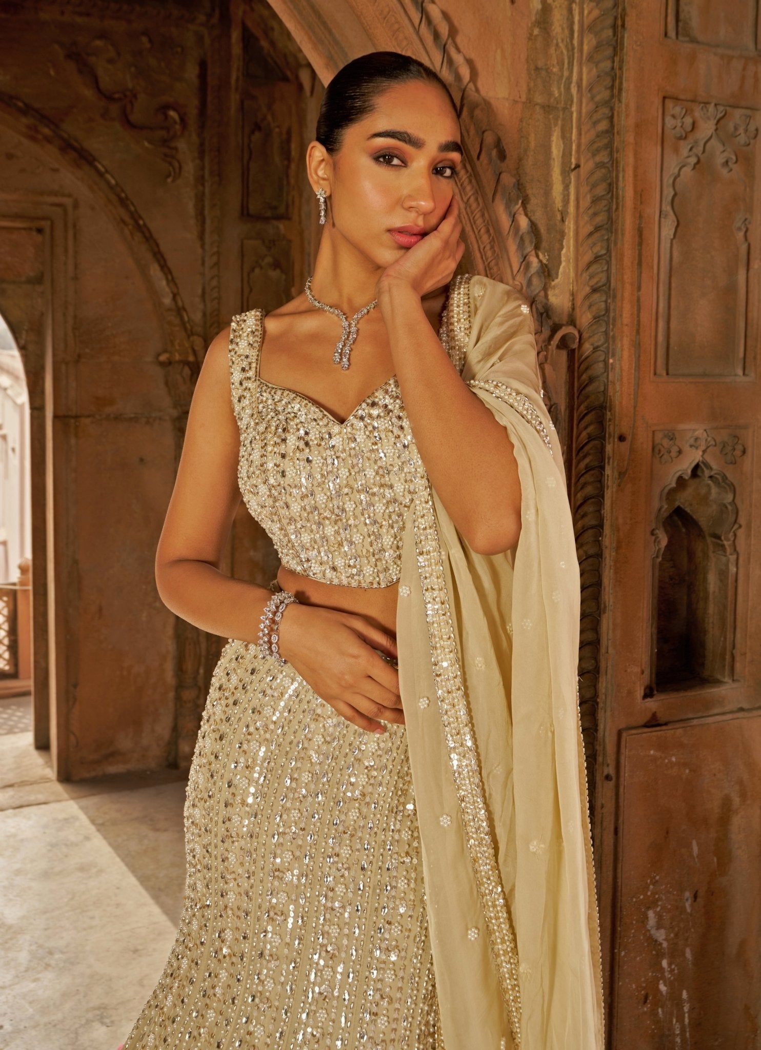 Pakistani Gold Sequin Embroidered Georgette Mermaid Lehenga (3-Piece) - Image 3