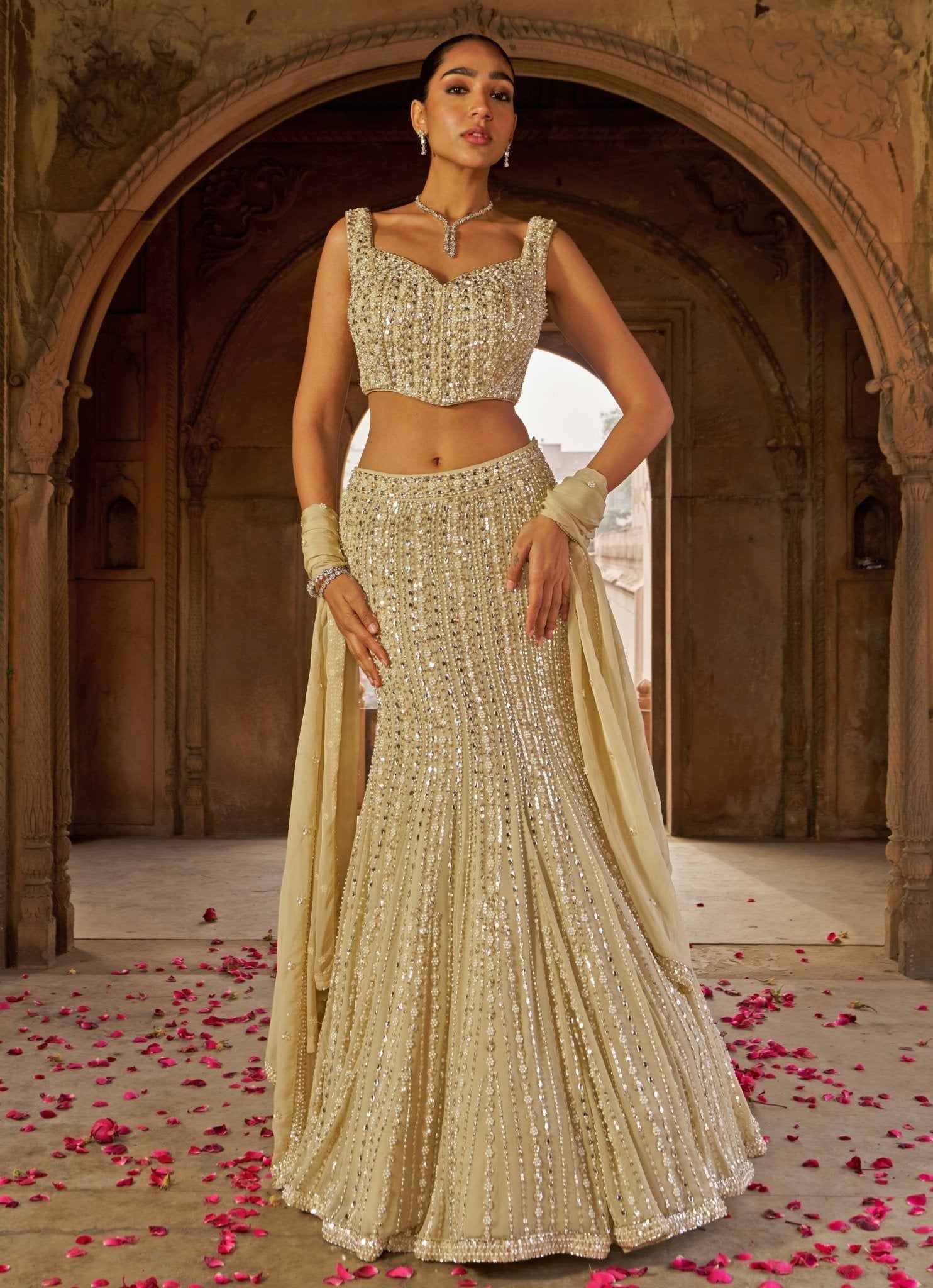 Pakistani Gold Sequin Embroidered Georgette Mermaid Lehenga (3-Piece) - Image 4