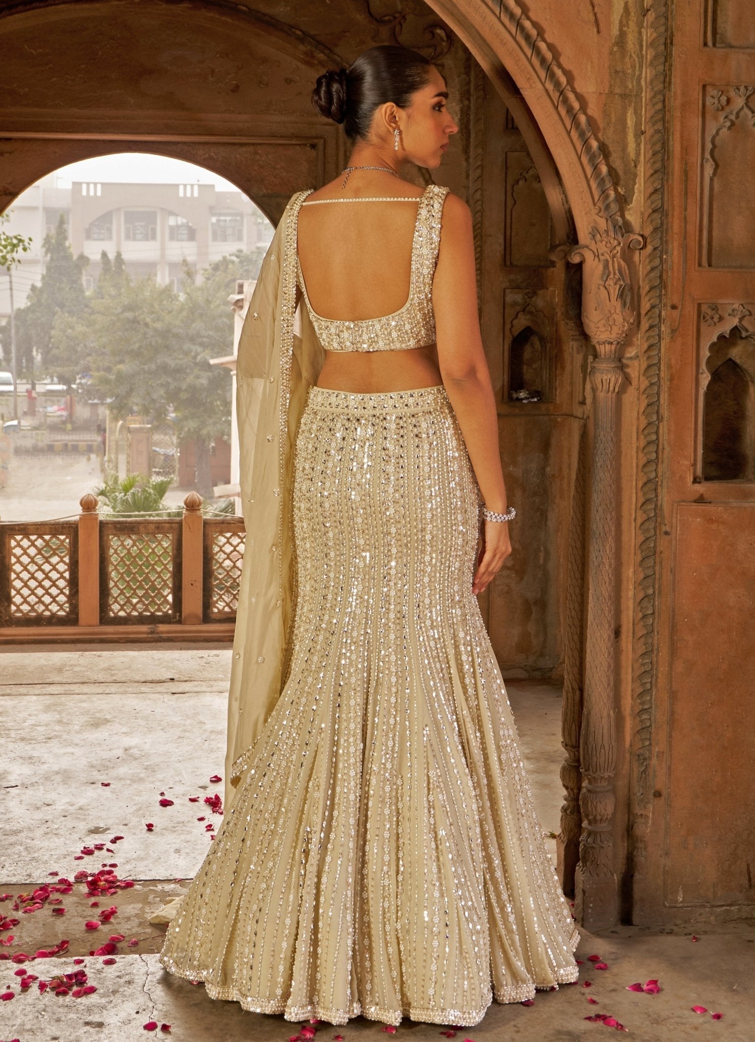 Pakistani Gold Sequin Embroidered Georgette Mermaid Lehenga (3-Piece) - Image 5