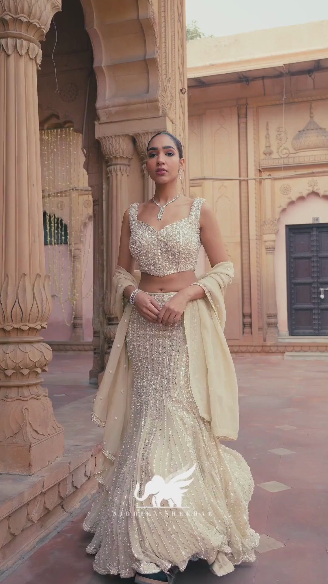 Pakistani Gold Sequin Embroidered Georgette Mermaid Lehenga (3-Piece) - Image 7