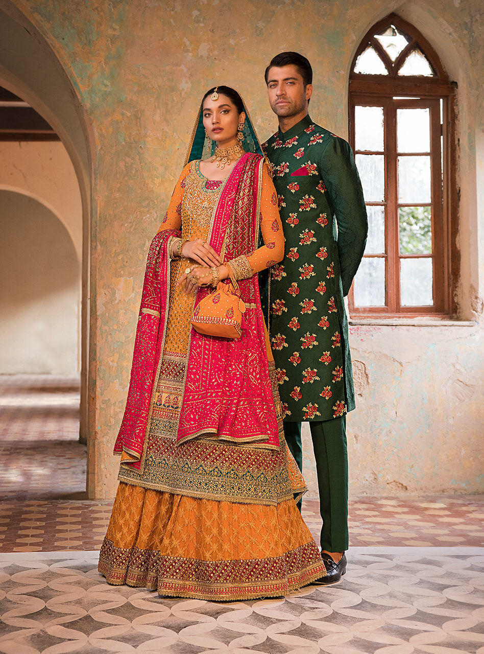 Pakistani Amber Fuchsia Embroidered Cotton Jacquard Lehenga (3-Piece) - Image 1