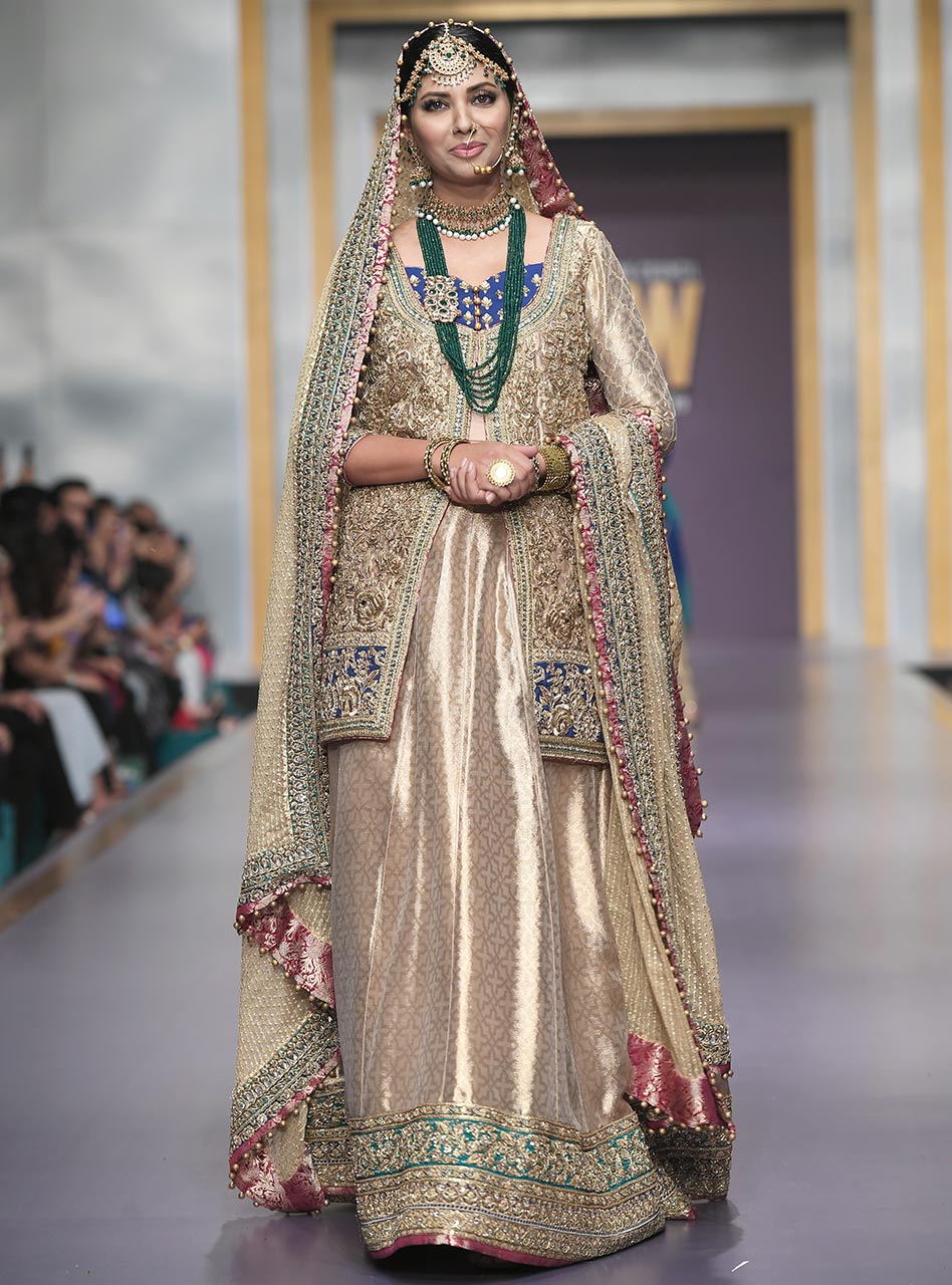 Gold Zardozi Jacquard Bridal Jacket Lehenga (3-Piece) - Image 2