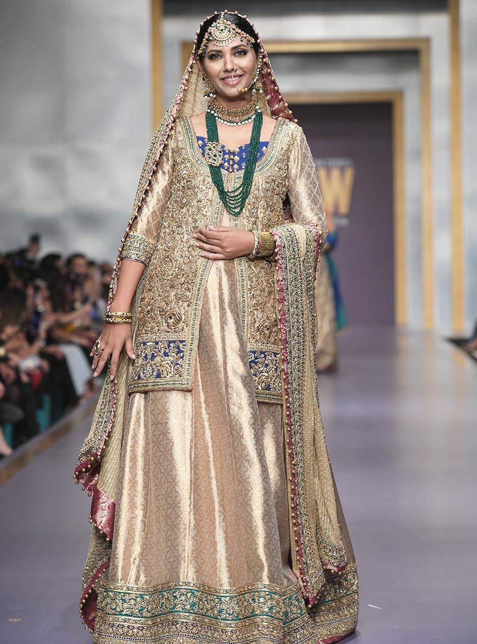 Gold Zardozi Jacquard Bridal Jacket Lehenga (3-Piece) - Image 3