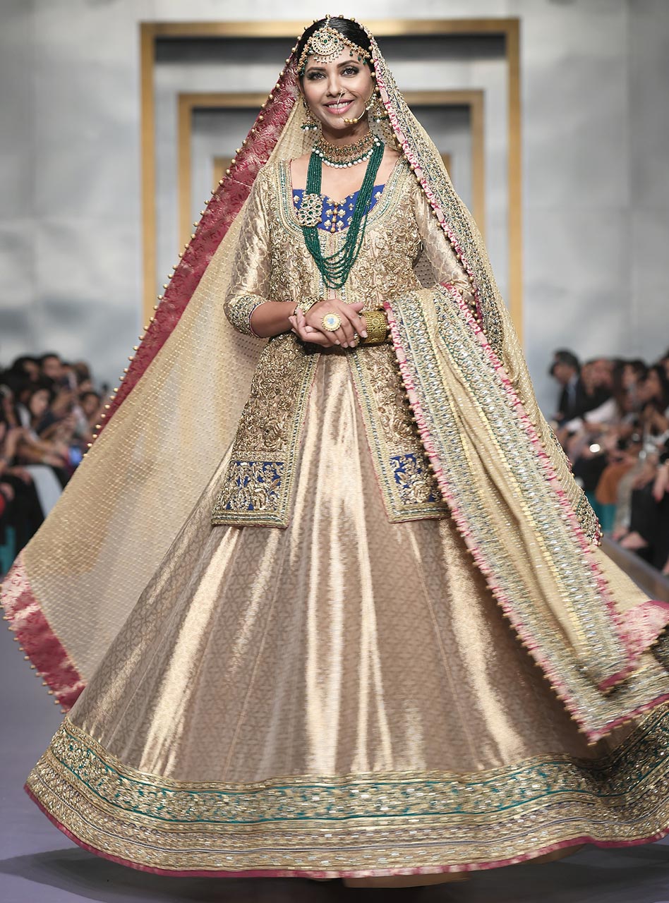 Gold Zardozi Jacquard Bridal Jacket Lehenga (3-Piece) - Image 5
