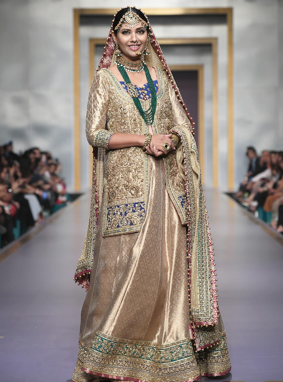 Gold Zardozi Jacquard Bridal Jacket Lehenga (3-Piece) - Image 1