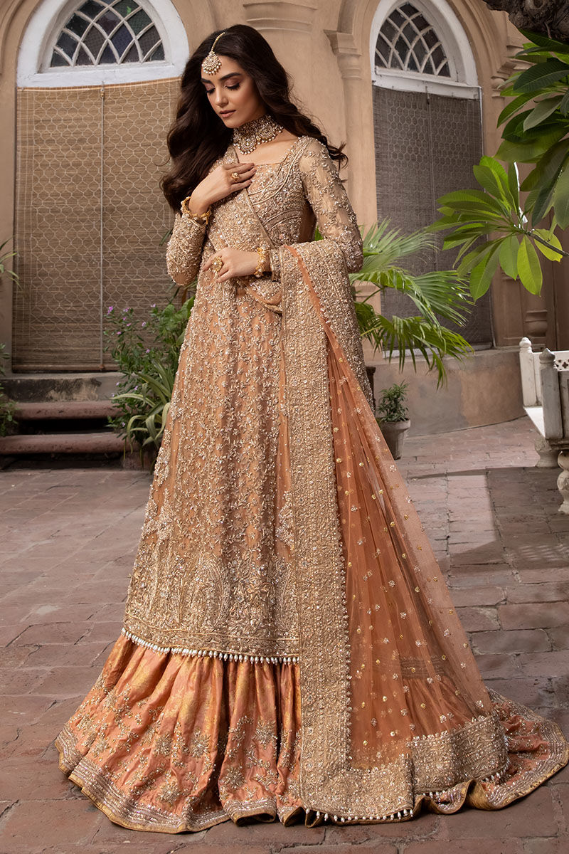 Rose Gold Zardozi Tissue A-Line Bridal Lehenga (3-Piece) - Image 1