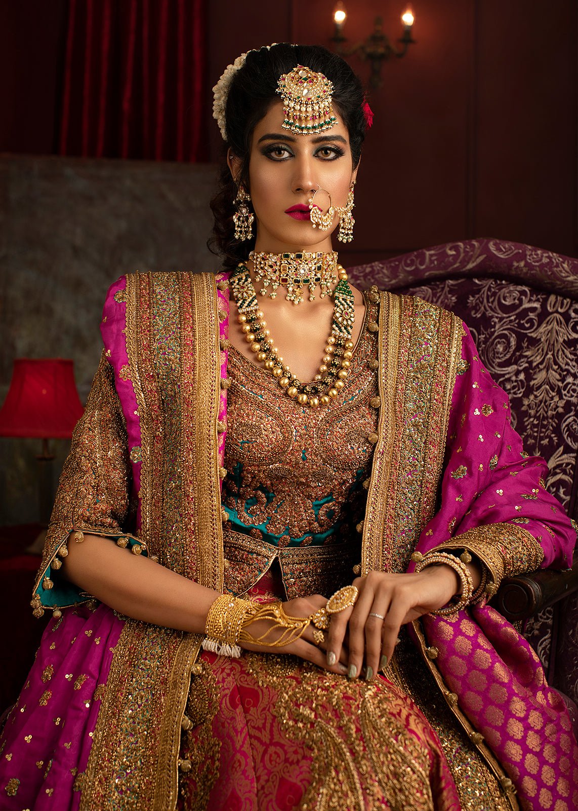 Gold Multicolour Embroidered Jamawar Memoni Lehenga Choli (3-Piece) - Image 1