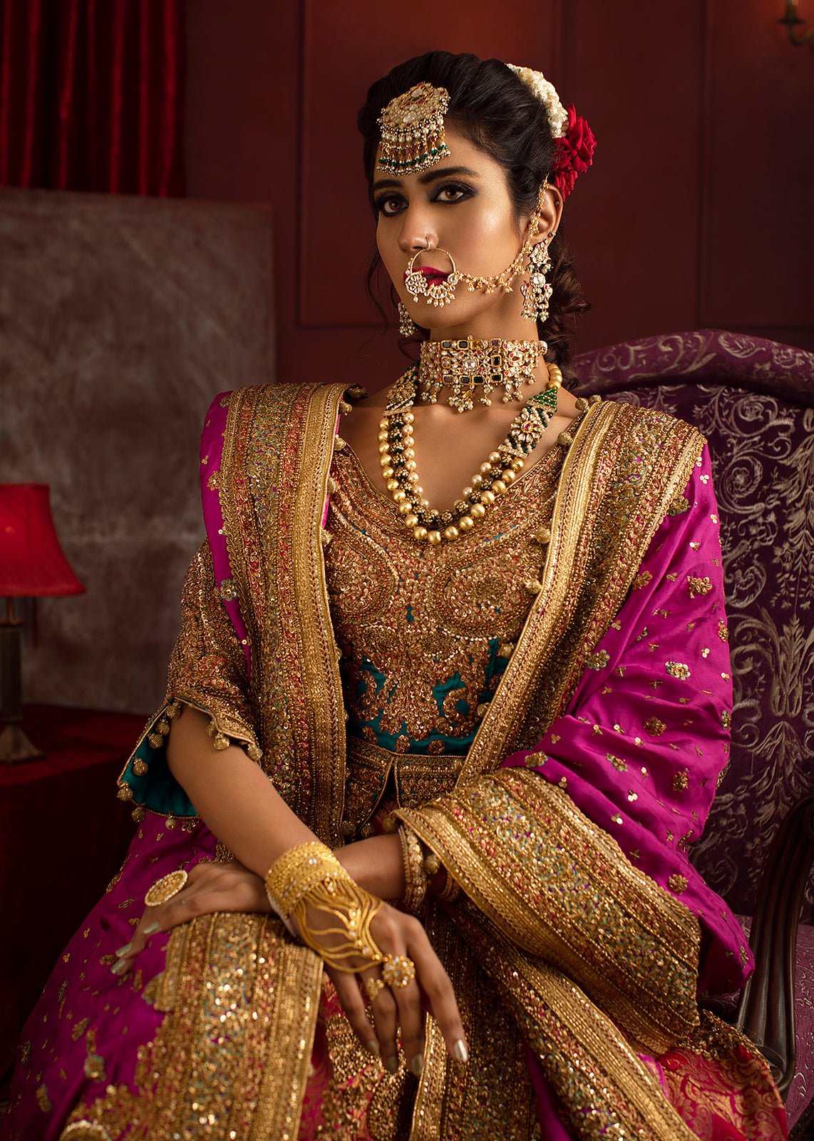 Gold Multicolour Embroidered Jamawar Memoni Lehenga Choli (3-Piece) - Image 3
