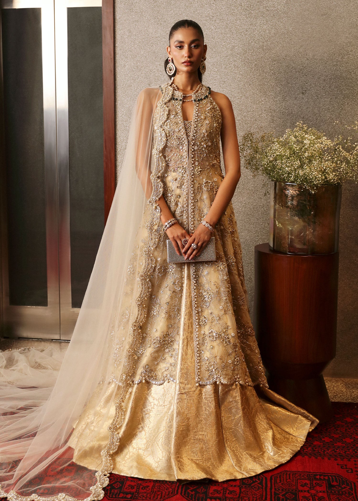 Indian Gold Embroidered Net & Jamawar Bridal Lehenga Gown (3-Piece) - Image 2