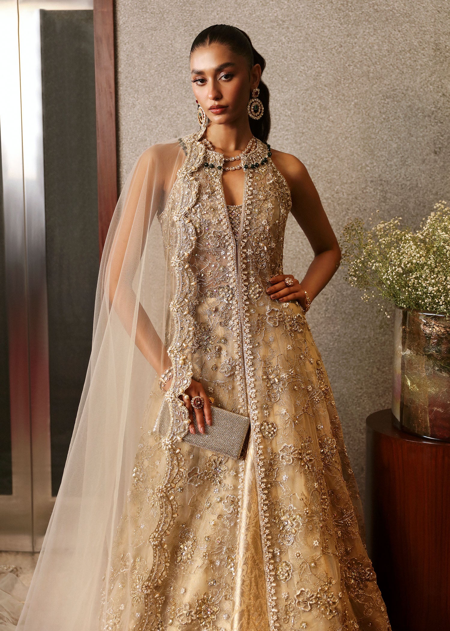 Indian Gold Embroidered Net & Jamawar Bridal Lehenga Gown (3-Piece) - Image 5