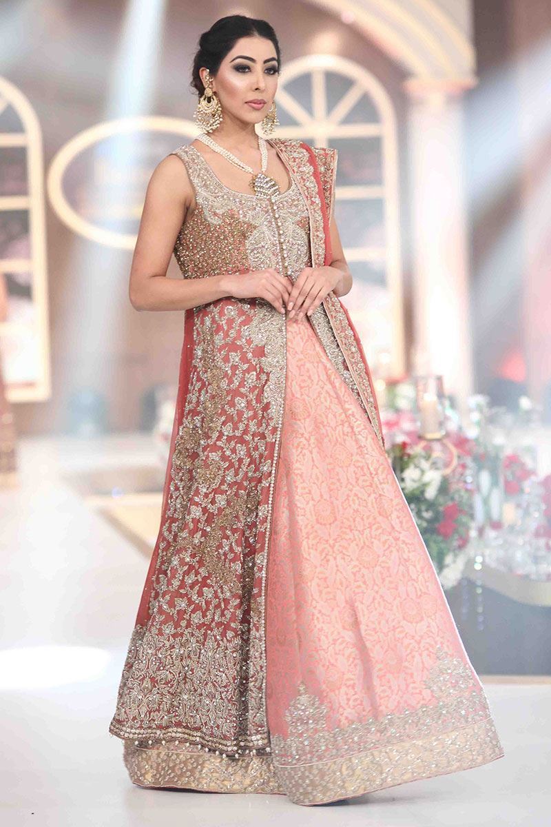 Pakistani Gold and Carrot Pink Embellished Net Jamawar Bridal Lehenga (3-Piece) - Image 1