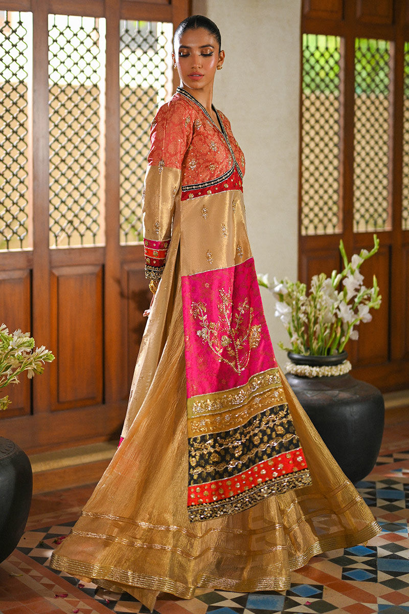 Pakistani Gold Embroidered Jamawar & Organza Lehenga (3-Piece) - Image 1