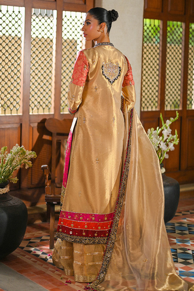 Pakistani Gold Embroidered Jamawar & Organza Lehenga (3-Piece) - Image 4