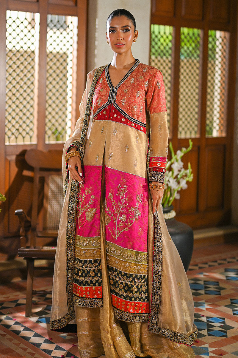 Pakistani Gold Embroidered Jamawar & Organza Lehenga (3-Piece) - Image 6