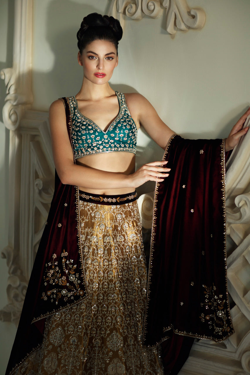 Gold Embroidered Jamawar Choli with Tissue Lehenga (3-Piece) - Image 1