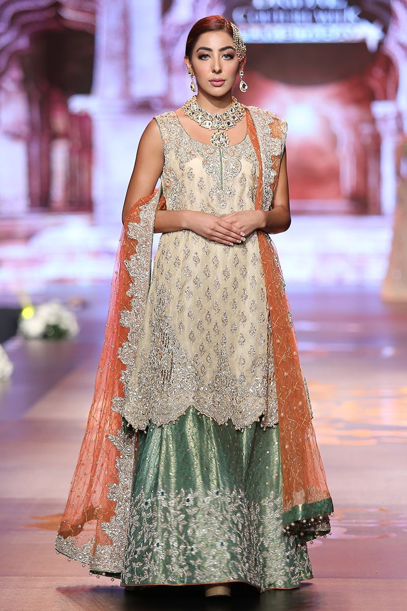 Pakistani Gold Embellished Jamawar Lehenga (3-Piece) - Image 1