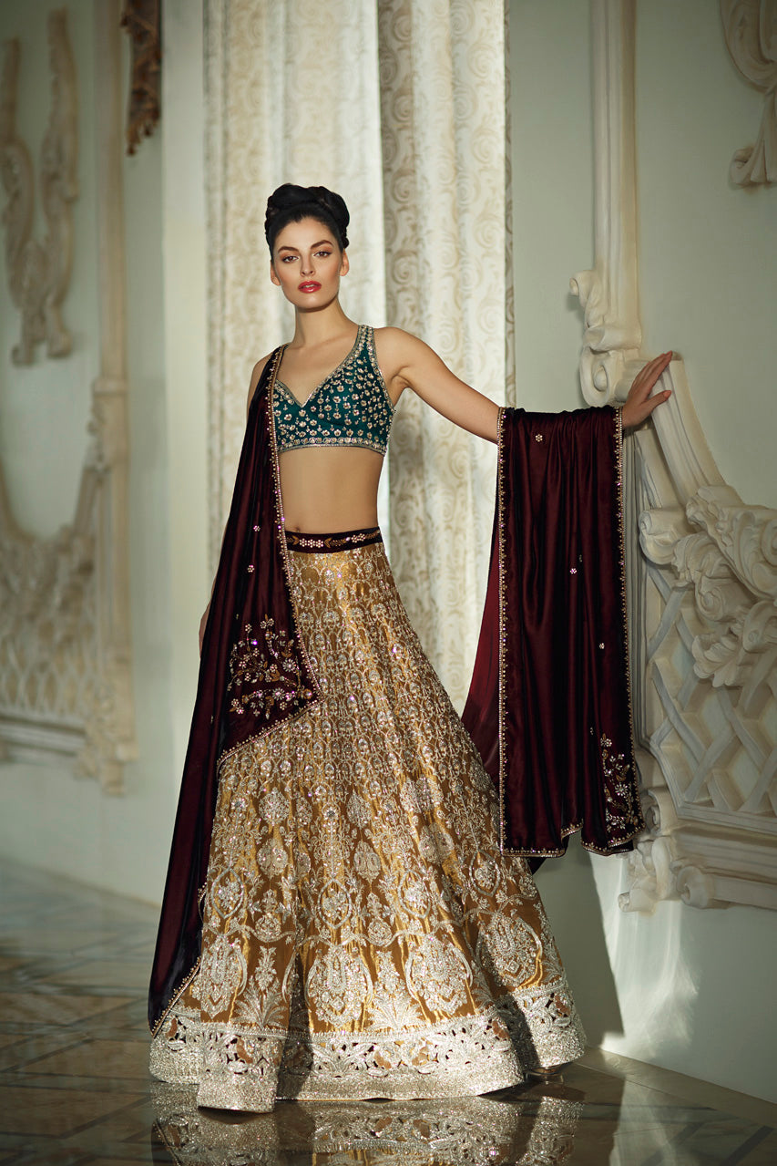 Gold Embroidered Jamawar Choli with Tissue Lehenga (3-Piece) - Image 3