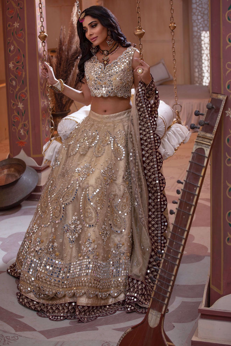 Pakistani Gold Mirror & Pearl Jamawar Net Lehenga Choli (3-Piece) - Image 1