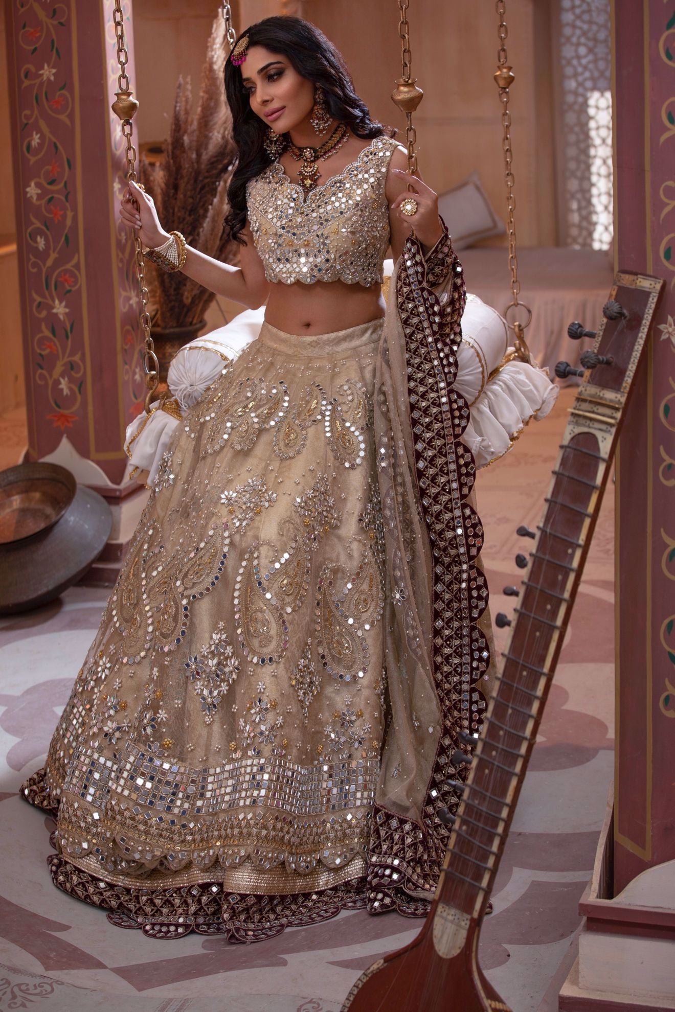 Pakistani Gold Mirror & Pearl Jamawar Net Lehenga Choli (3-Piece) - Image 2