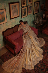 Gold Embellished Tissue Gown with Jamawar Lehenga (3-Piece) - Image 2