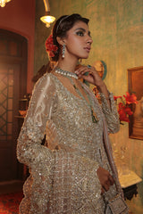 Gold Embellished Tissue Gown with Jamawar Lehenga (3-Piece) - Image 3