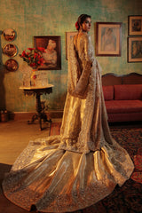 Gold Embellished Tissue Gown with Jamawar Lehenga (3-Piece) - Image 4