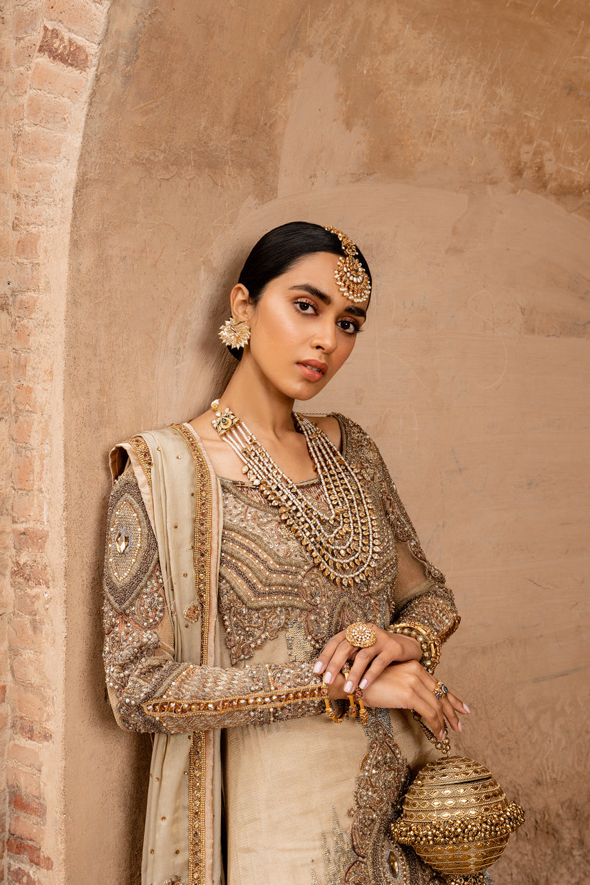Pakistani Champagne Gold Embroidered Organza Gown with Jamawar Lehenga (3-Piece) - Image 2