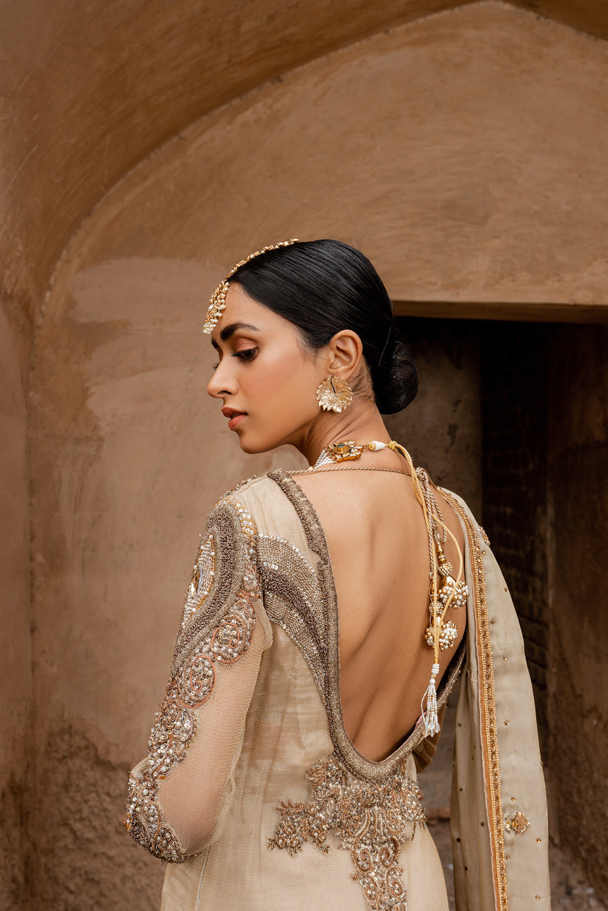 Pakistani Champagne Gold Embroidered Organza Gown with Jamawar Lehenga (3-Piece) - Image 3