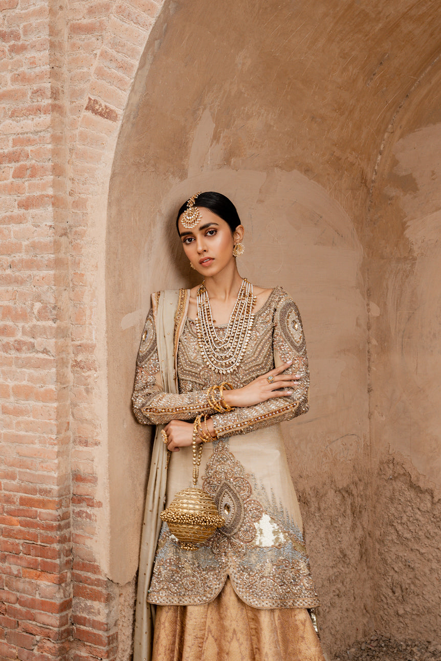 Pakistani Champagne Gold Embroidered Organza Gown with Jamawar Lehenga (3-Piece) - Image 5